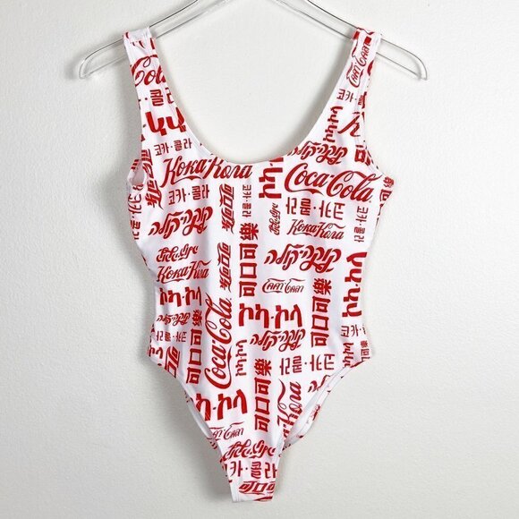COCA COLA | Logo Global Languages White & Red Scoop Neck Swimsuit - Picture 1 of 8